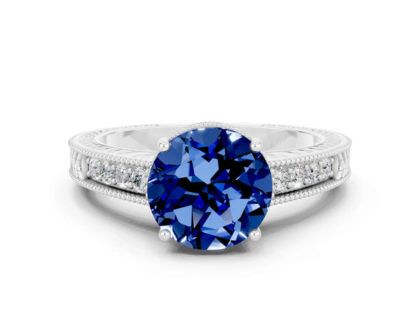 White gold Round Cut Blue Sapphire Engagement Ring with Milgrain Channel Set Band and Prong Setting