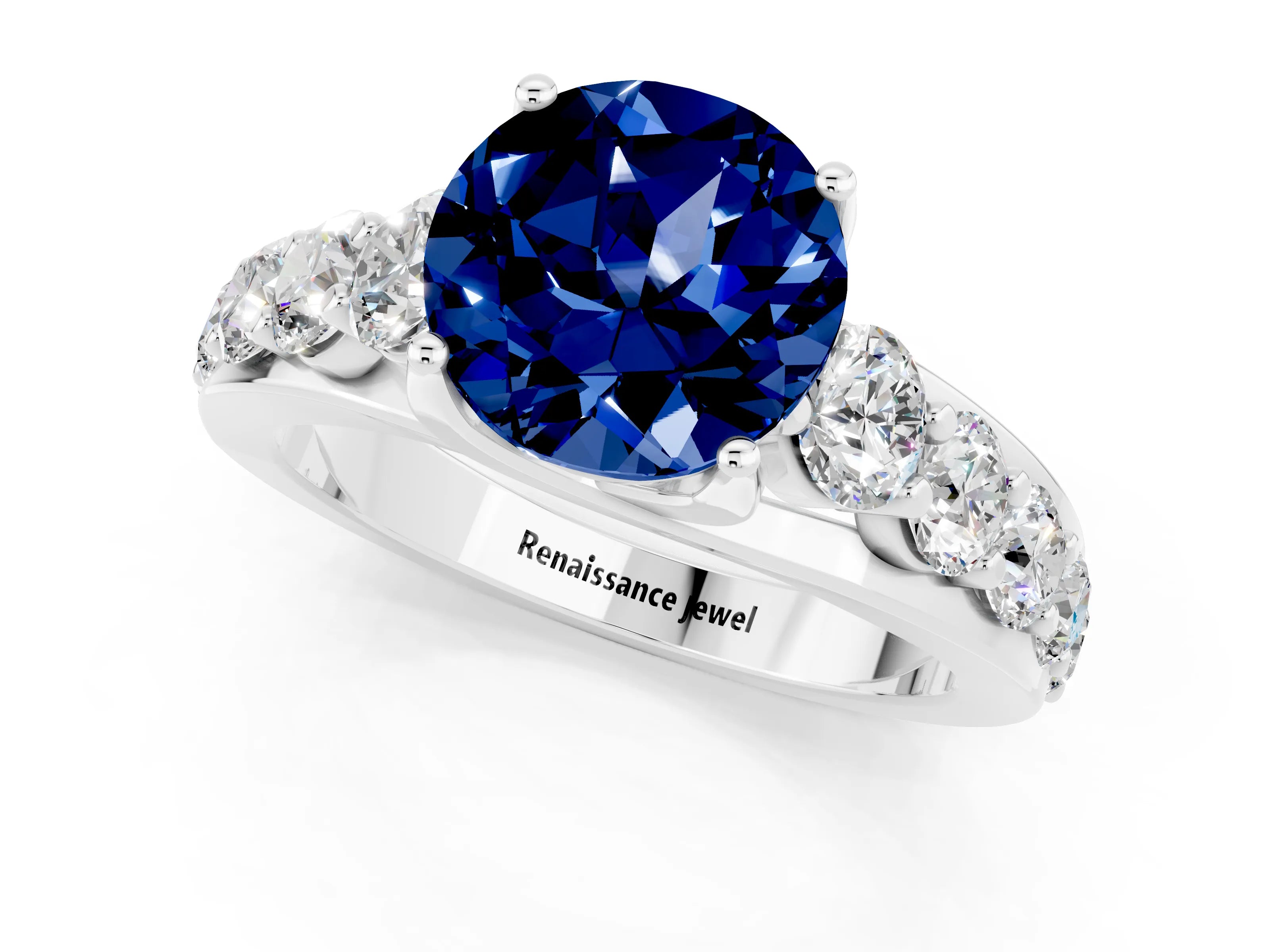 White gold Round Cut Blue Sapphire Engagement Ring with Pavé Band and Four-Prong Setting_1