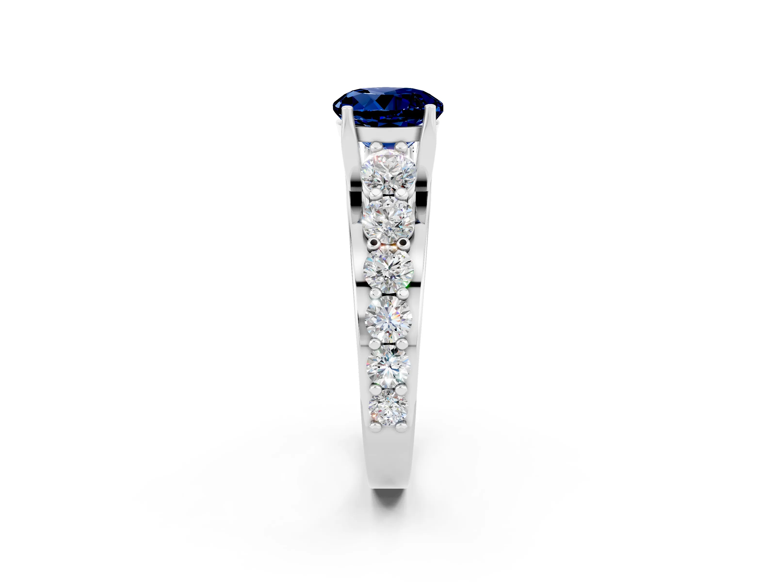White gold Round Cut Blue Sapphire Engagement Ring with Pavé Band and Four-Prong Setting_2