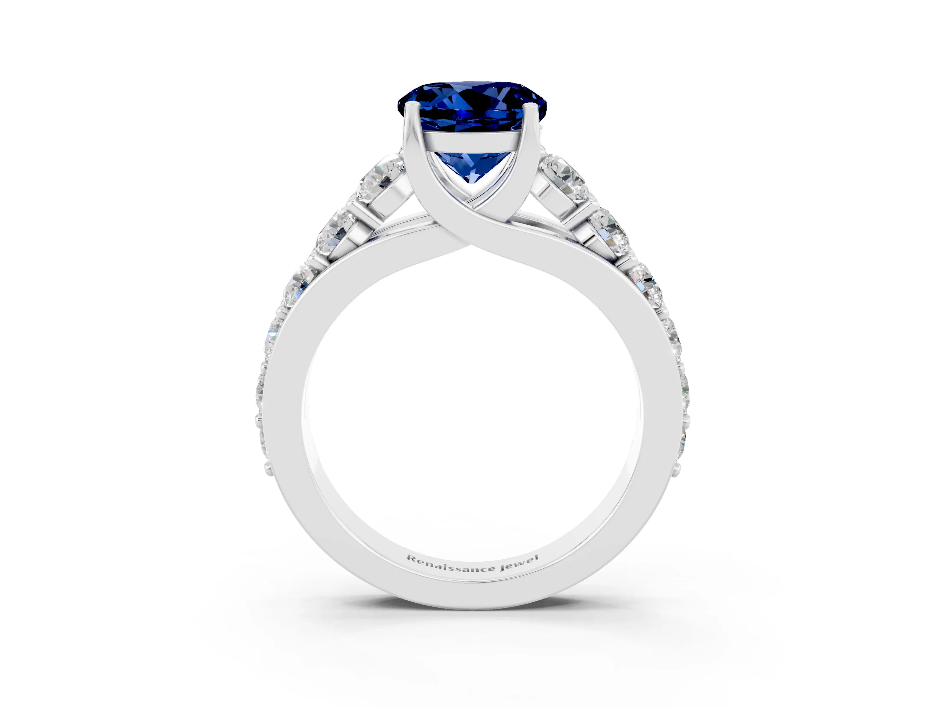 White gold Round Cut Blue Sapphire Engagement Ring with Pavé Band and Four-Prong Setting_3