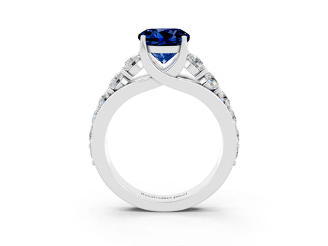 White gold Round Cut Blue Sapphire Engagement Ring with Pavé Band and Four-Prong Setting_3