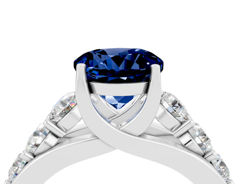 White gold Round Cut Blue Sapphire Engagement Ring with Pavé Band and Four-Prong Setting_4