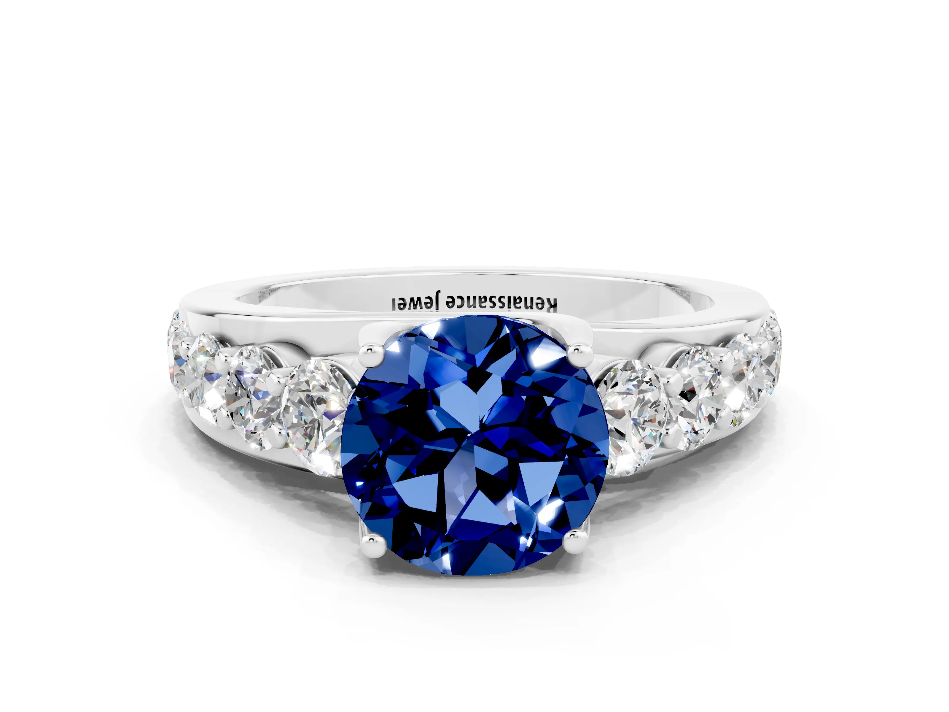 White gold Round Cut Blue Sapphire Engagement Ring with Pavé Band and Four-Prong Setting