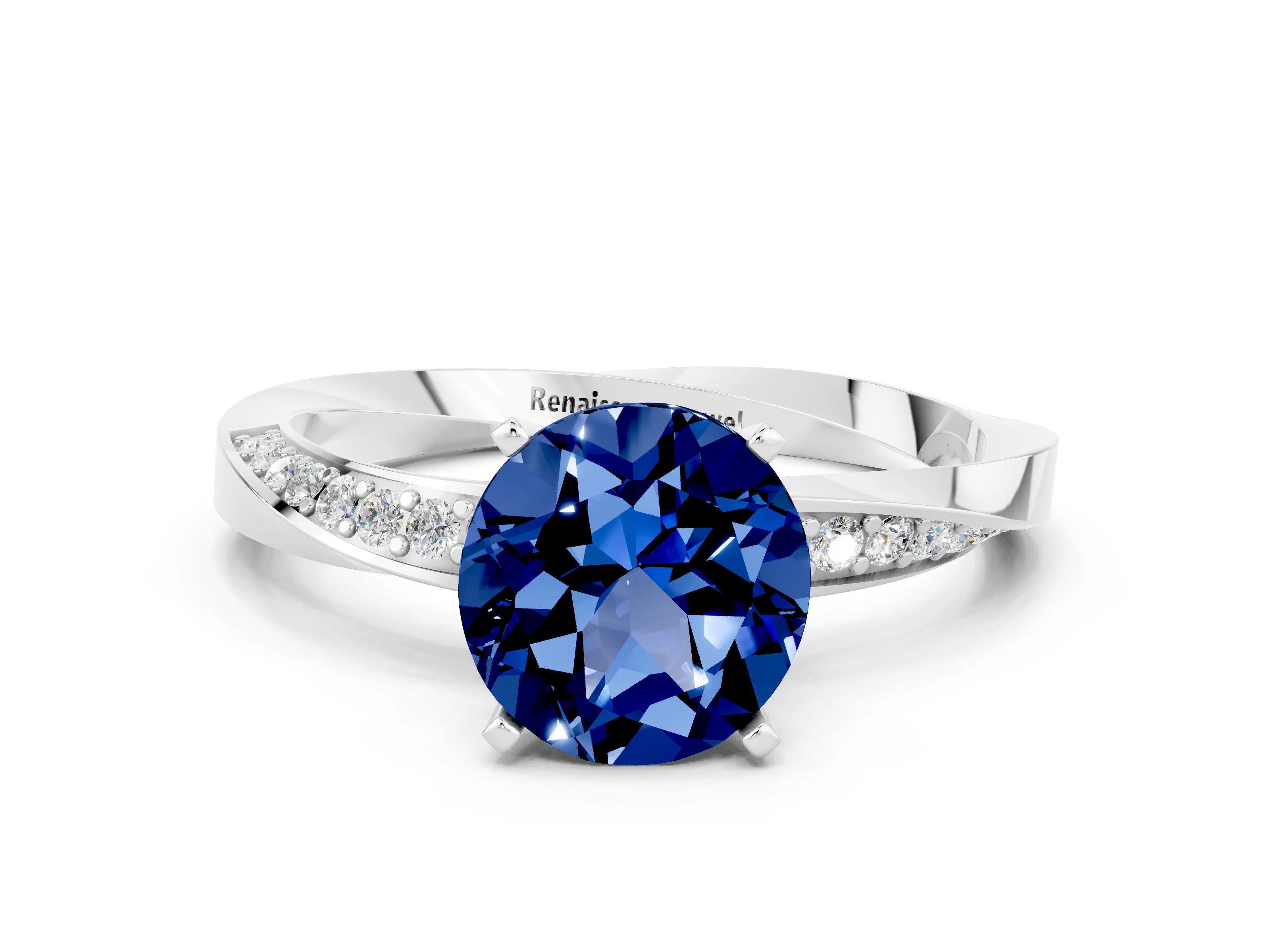 White gold Round Cut Blue Sapphire Engagement Ring with Side Stone Accents and Four-Prong Setting_27