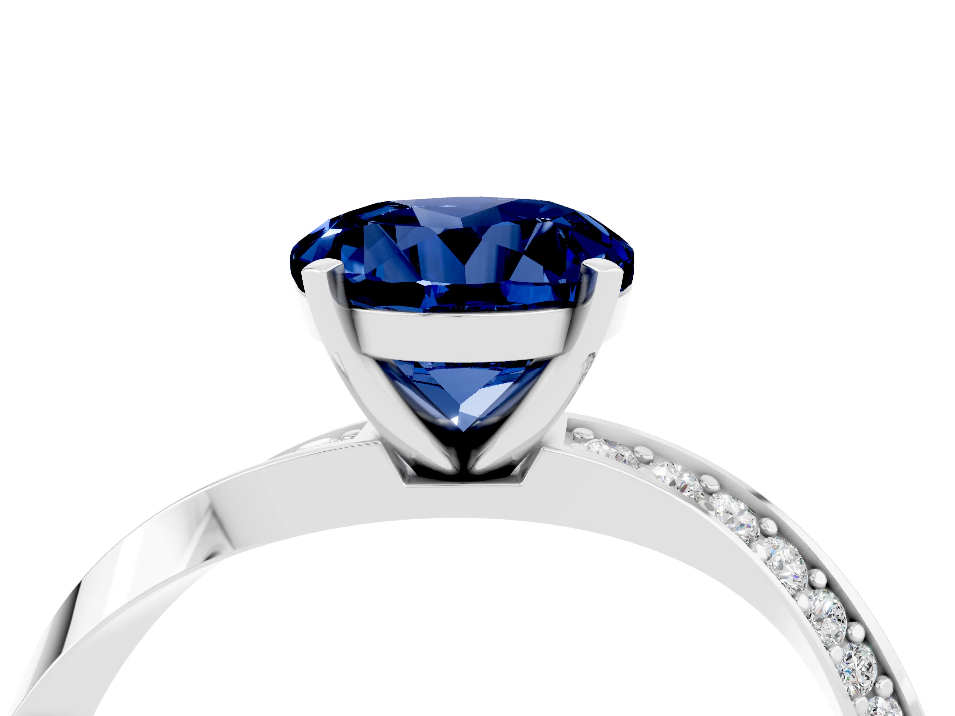 White gold Round Cut Blue Sapphire Engagement Ring with Side Stone Accents and Four-Prong Setting_31
