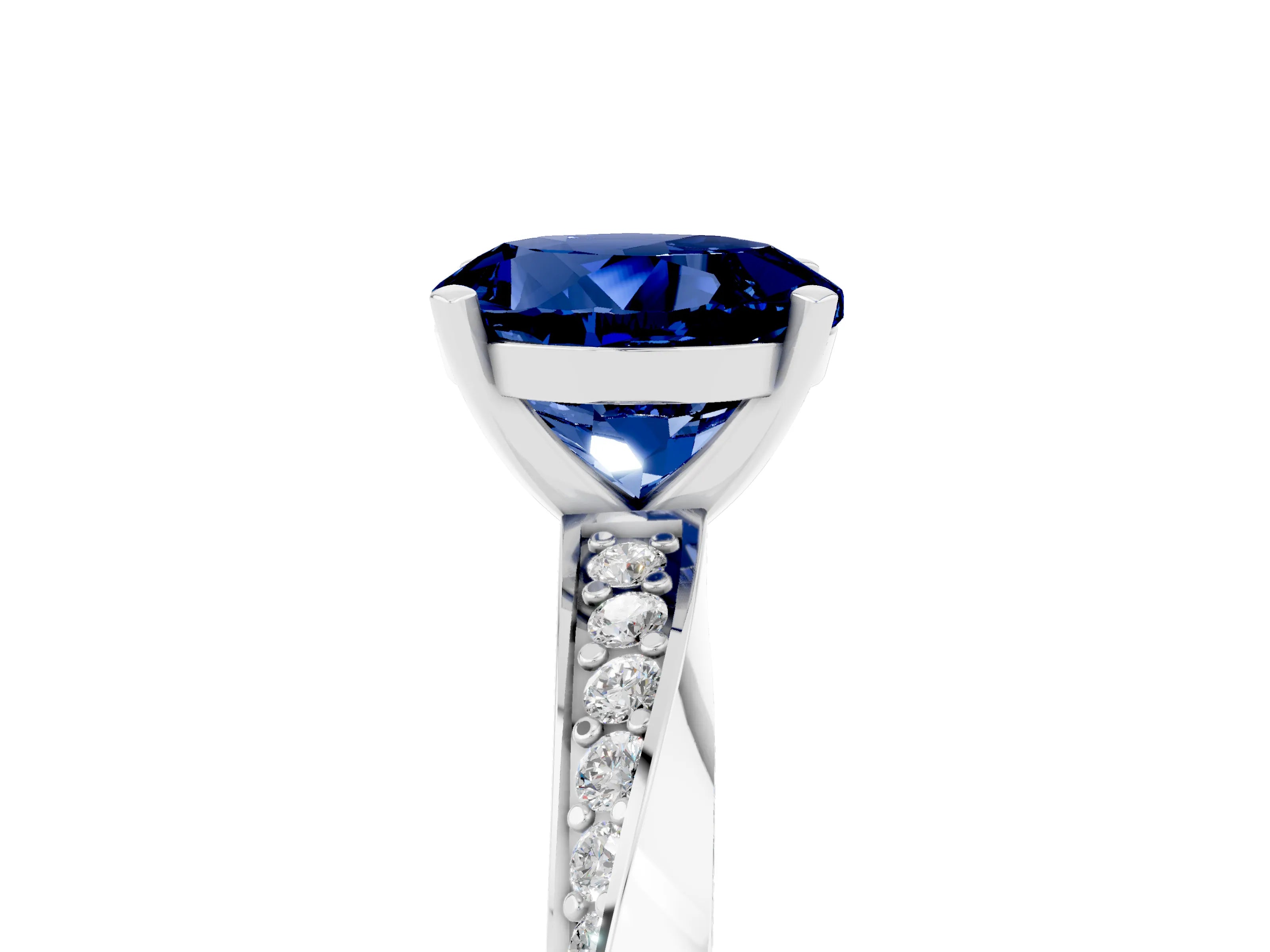 White gold Round Cut Blue Sapphire Engagement Ring with Side Stone Accents and Four-Prong Setting_32
