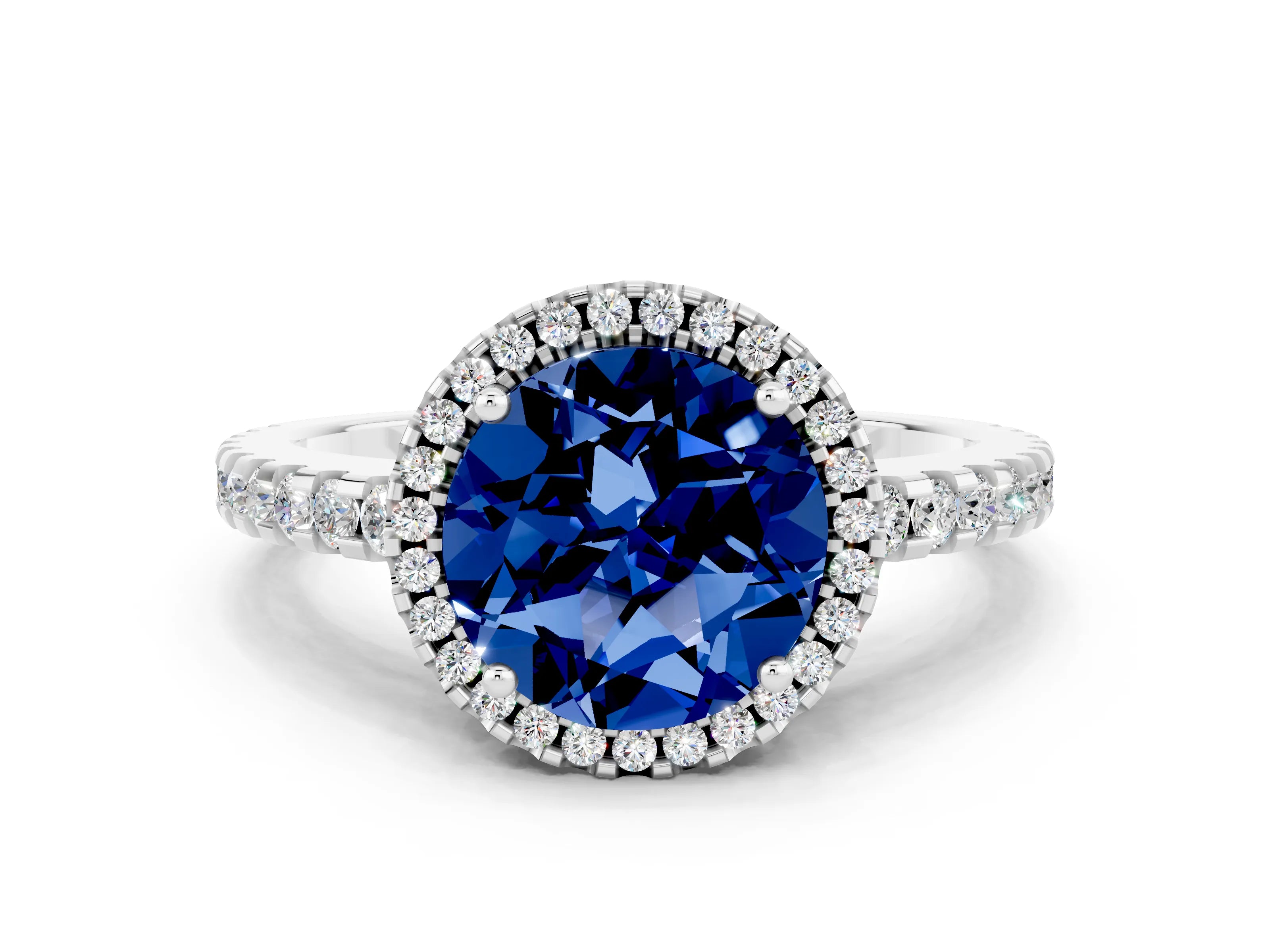 White gold Round Cut Blue Sapphire Halo Engagement Ring with Pavé Band and Prong Setting_12