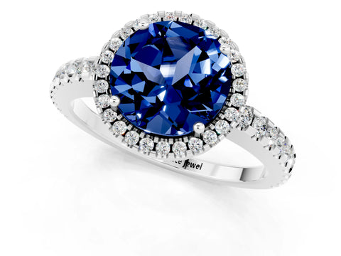 White gold Round Cut Blue Sapphire Halo Engagement Ring with Pavé Band and Prong Setting_13