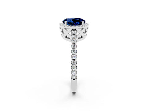 White gold Round Cut Blue Sapphire Halo Engagement Ring with Pavé Band and Prong Setting_14