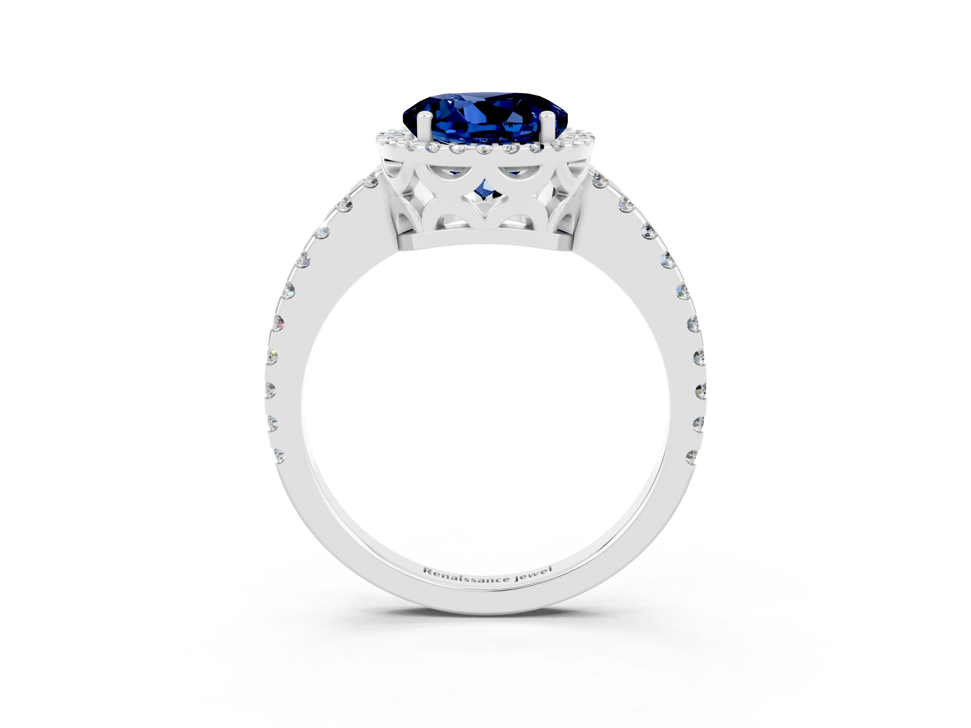 White gold Round Cut Blue Sapphire Halo Engagement Ring with Pavé Band and Prong Setting_15