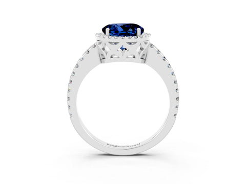 White gold Round Cut Blue Sapphire Halo Engagement Ring with Pavé Band and Prong Setting_15