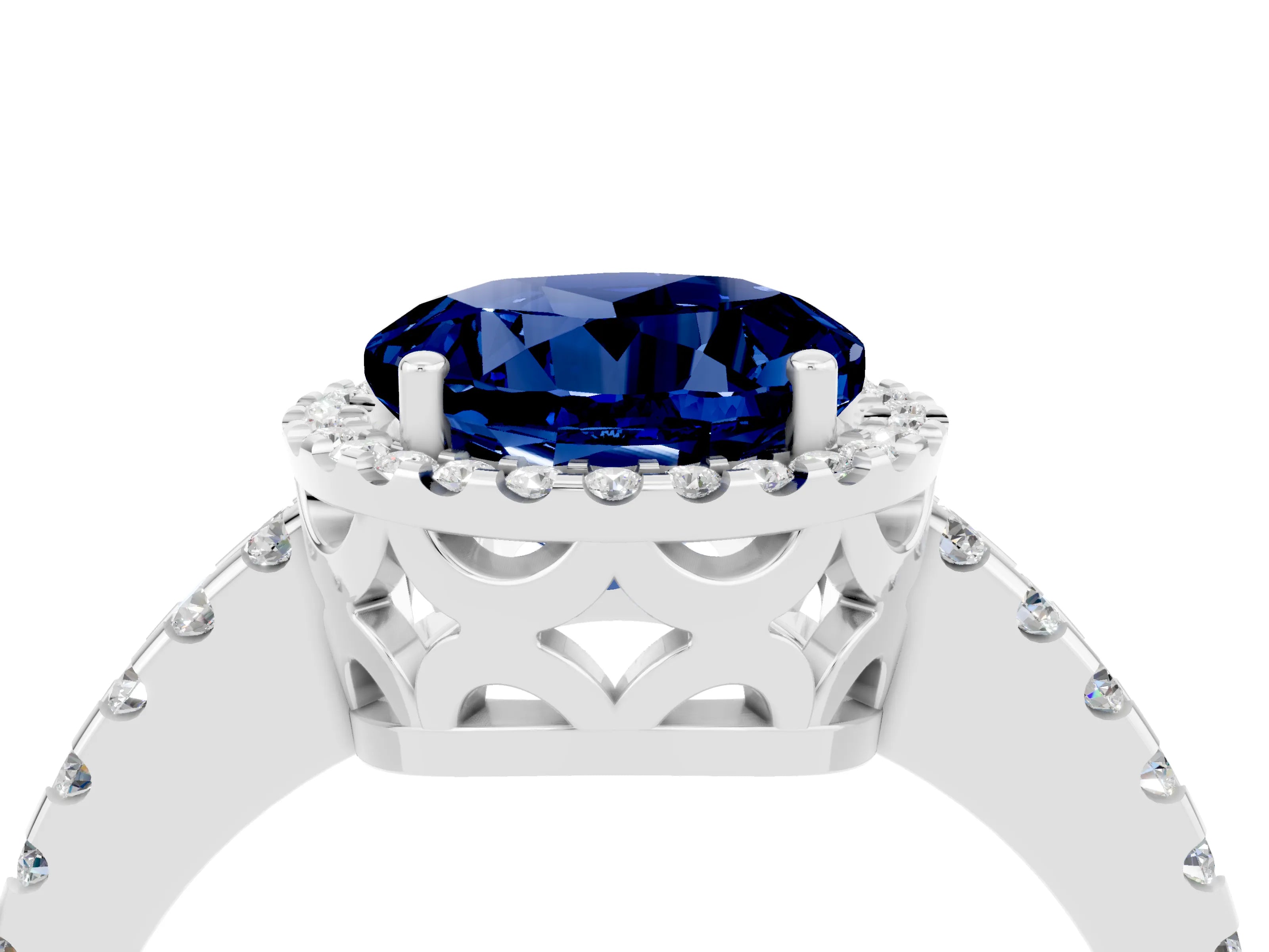 White gold Round Cut Blue Sapphire Halo Engagement Ring with Pavé Band and Prong Setting_16