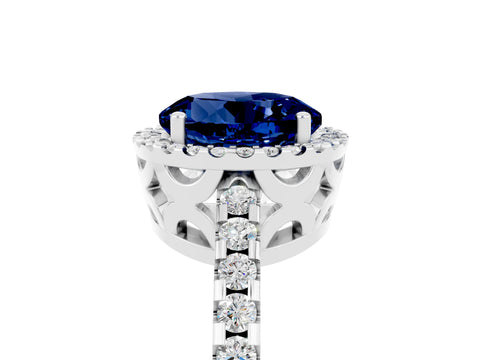 White gold Round Cut Blue Sapphire Halo Engagement Ring with Pavé Band and Prong Setting_17