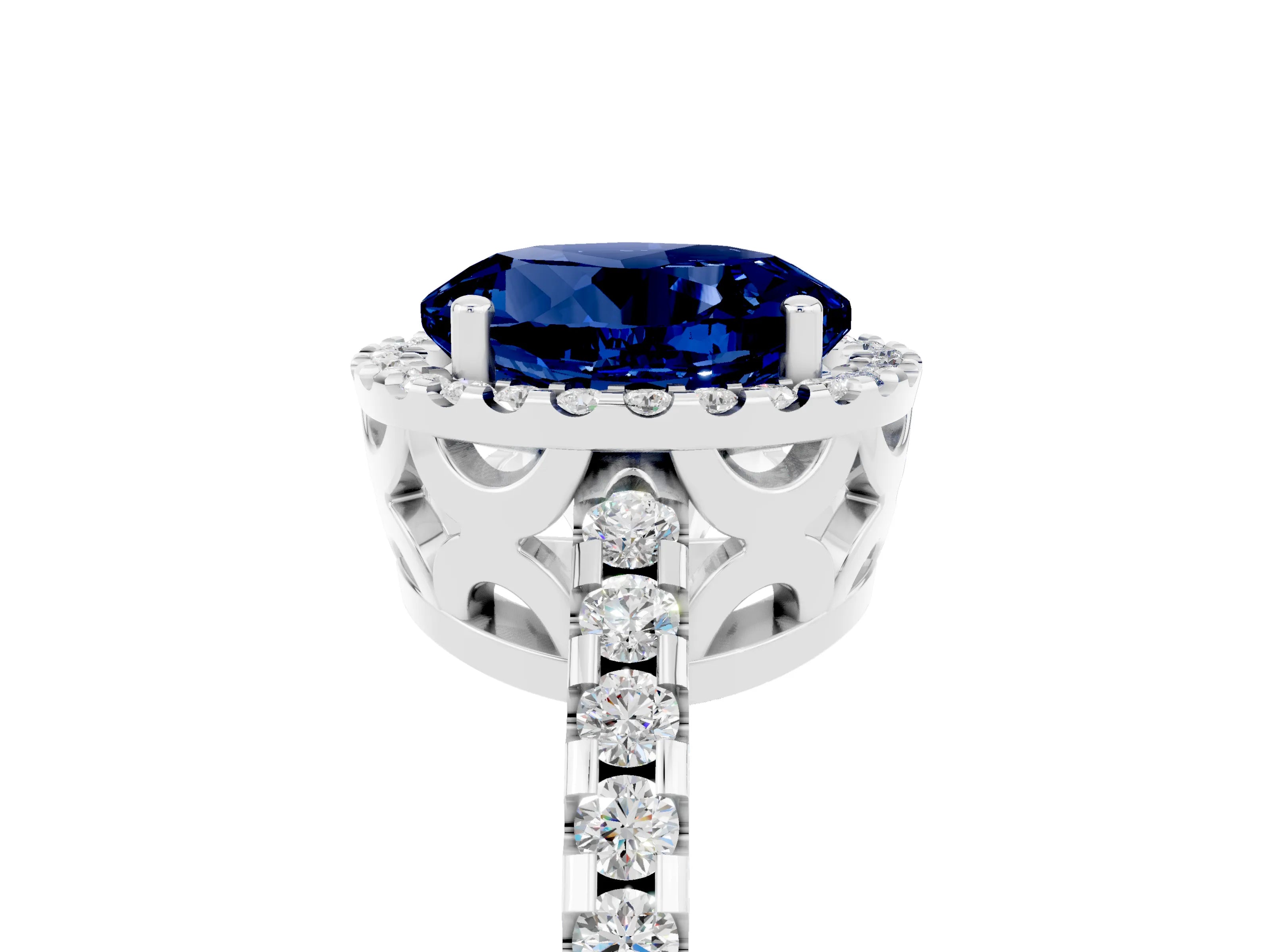White gold Round Cut Blue Sapphire Halo Engagement Ring with Pavé Band and Prong Setting_17