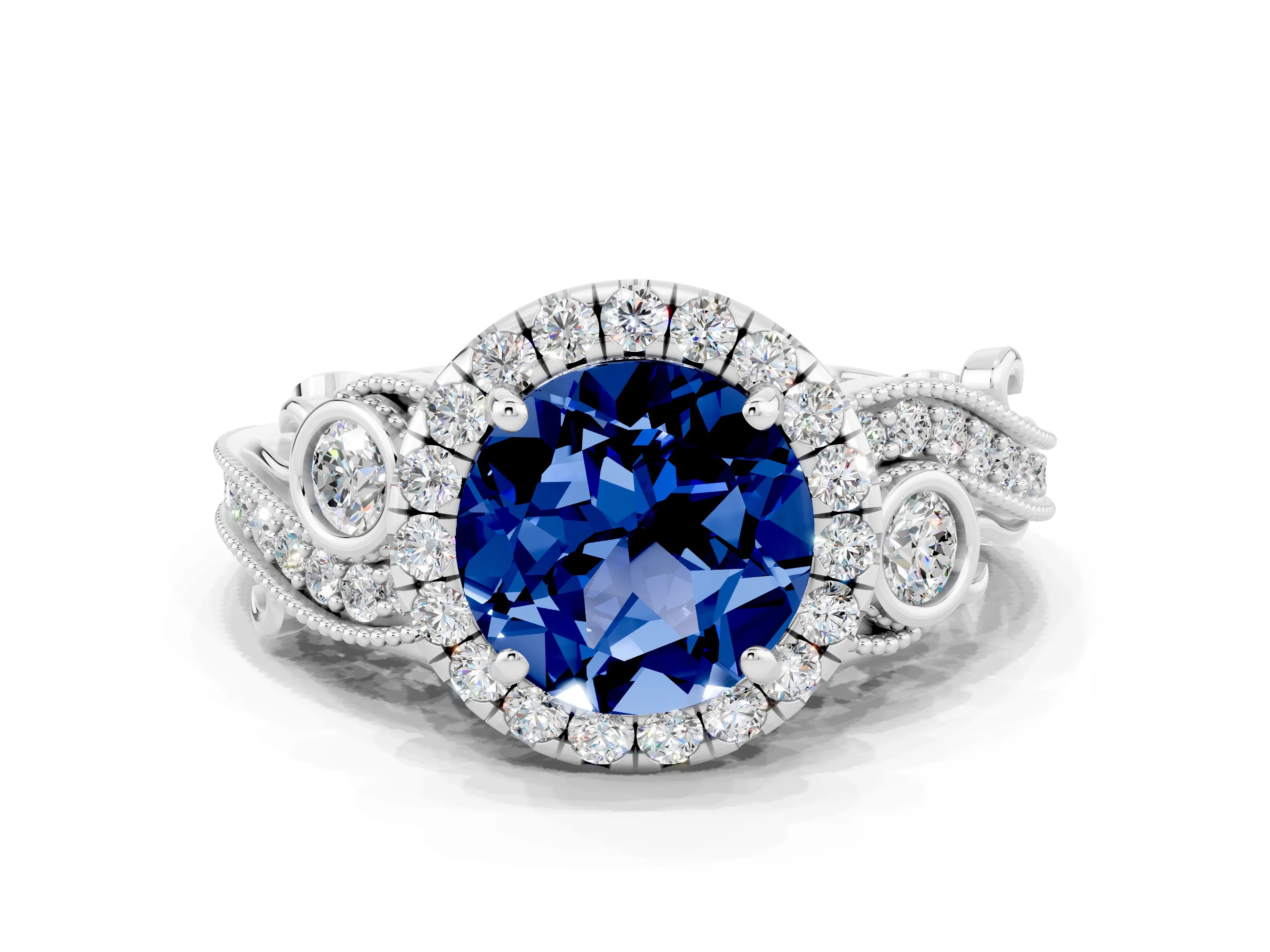 White gold Round Cut Blue Sapphire Halo Ring with Milgrain Pavé Band and Four-Prong Setting_12