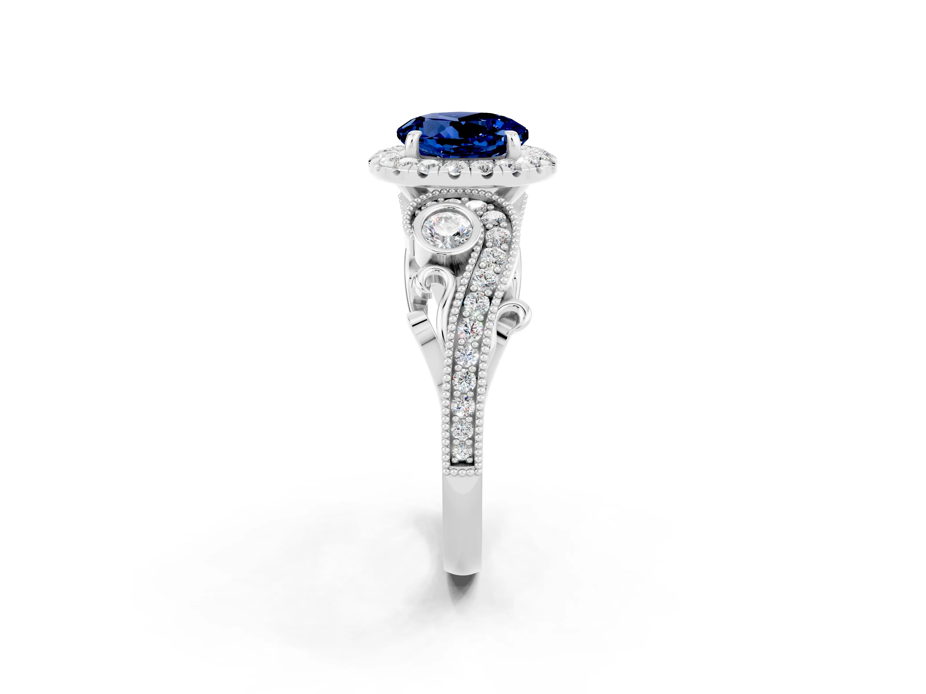 White gold Round Cut Blue Sapphire Halo Ring with Milgrain Pavé Band and Four-Prong Setting_14