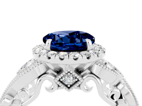 White gold Round Cut Blue Sapphire Halo Ring with Milgrain Pavé Band and Four-Prong Setting_16