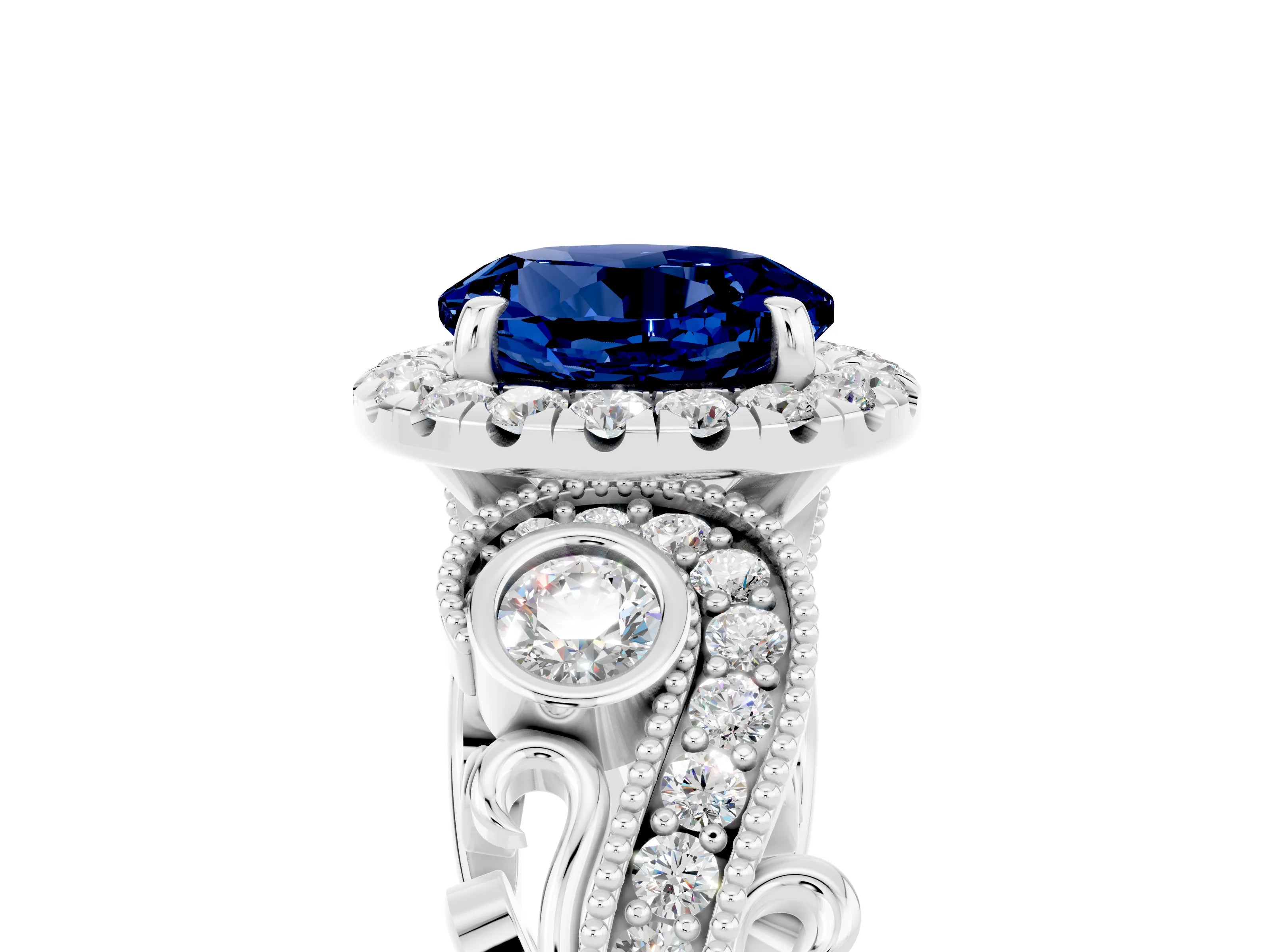 White gold Round Cut Blue Sapphire Halo Ring with Milgrain Pavé Band and Four-Prong Setting_17