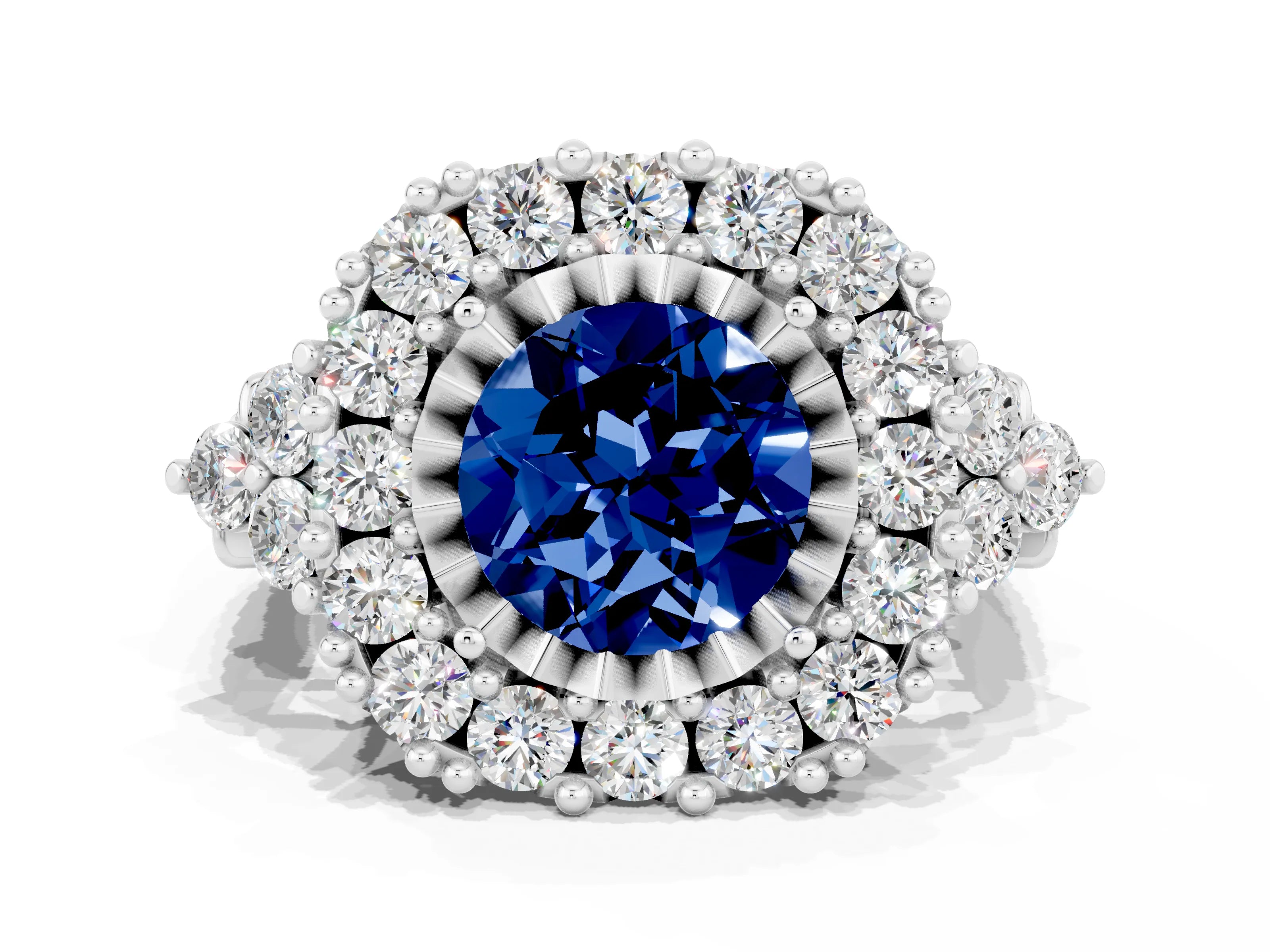 White gold Round Cut Blue Sapphire Halo Ring with Pavé Band and Four-Prong Setting_12