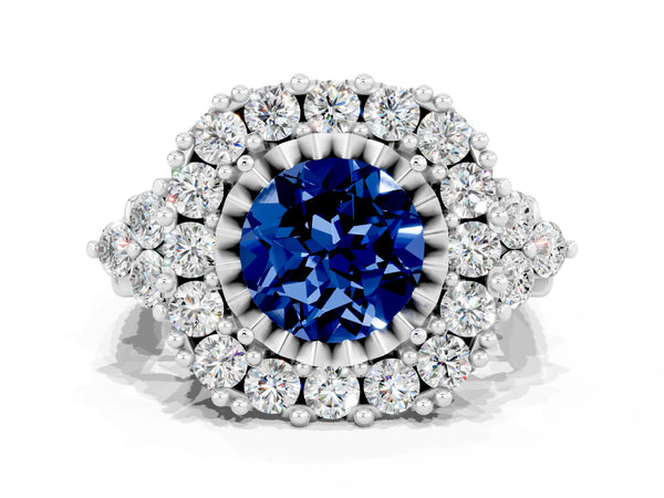 Platinum Round Cut Blue Sapphire Halo Ring with Pavé Band and Four-Prong Setting