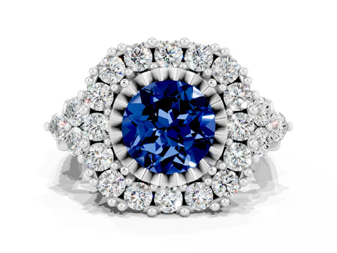 White gold Round Cut Blue Sapphire Halo Ring with Pavé Band and Four-Prong Setting_12
