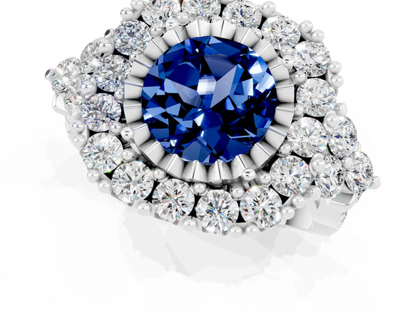 Silver Round Cut Blue Sapphire Halo Ring with Pavé Band and Four-Prong Setting