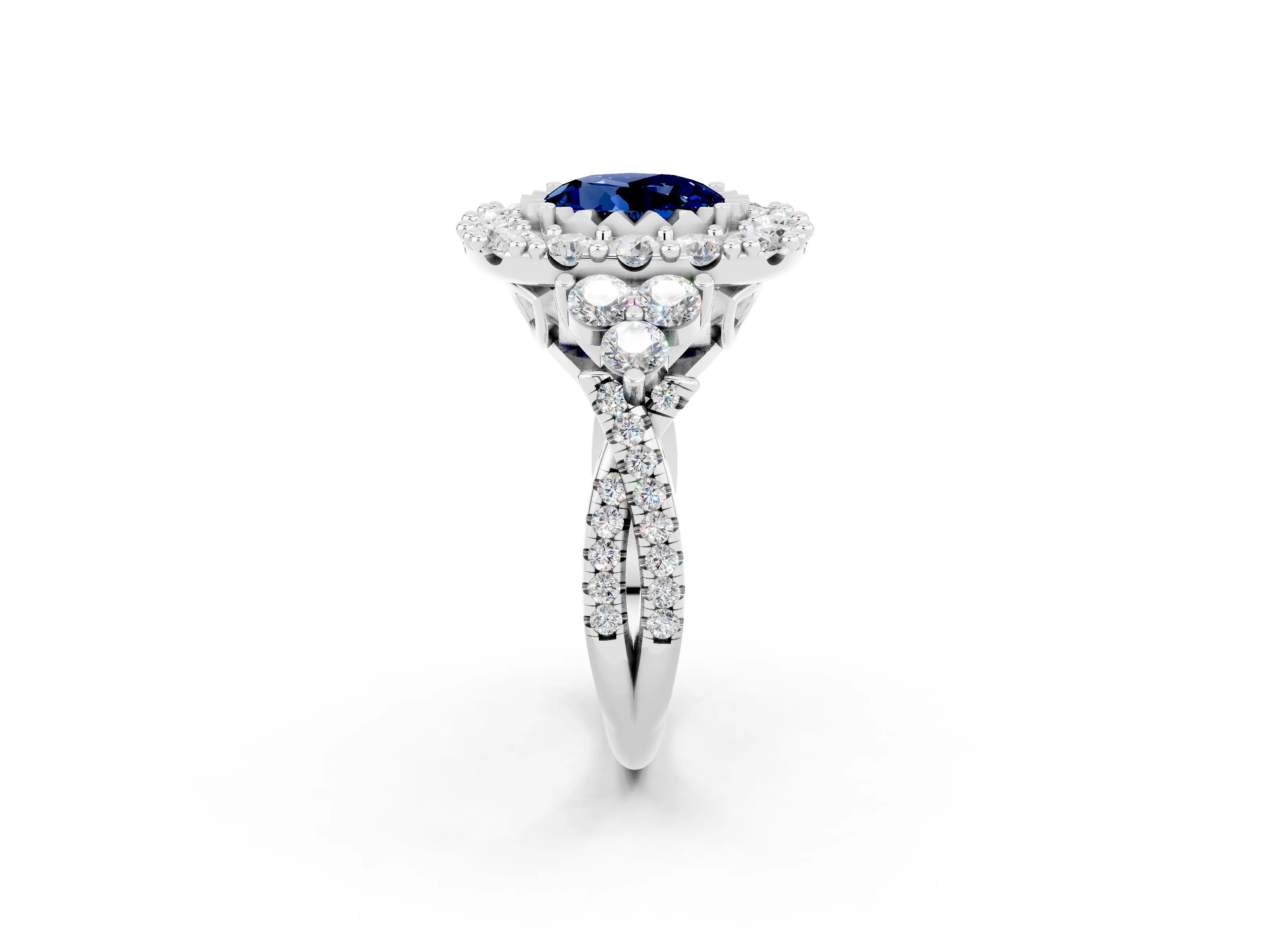 White gold Round Cut Blue Sapphire Halo Ring with Pavé Band and Four-Prong Setting_14