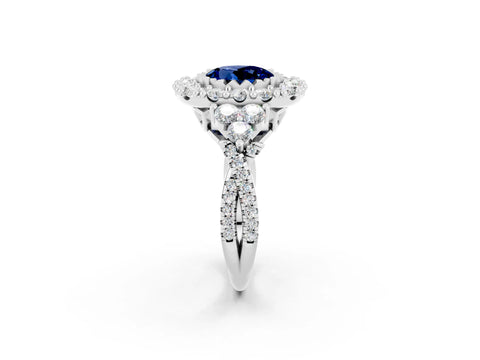 White gold Round Cut Blue Sapphire Halo Ring with Pavé Band and Four-Prong Setting_14