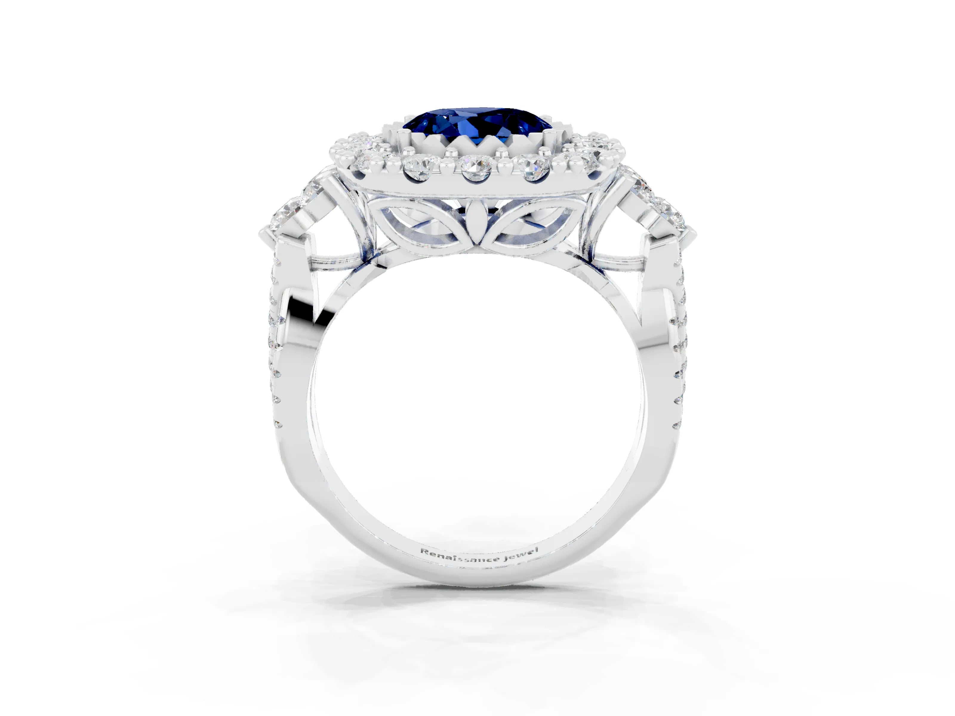 White gold Round Cut Blue Sapphire Halo Ring with Pavé Band and Four-Prong Setting_15