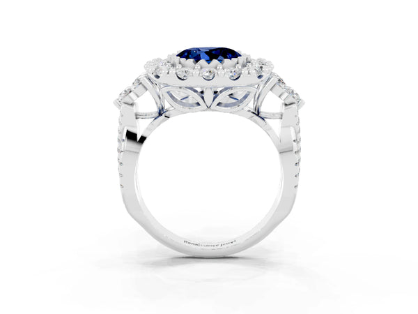 White gold Round Cut Blue Sapphire Halo Ring with Pavé Band and Four-Prong Setting