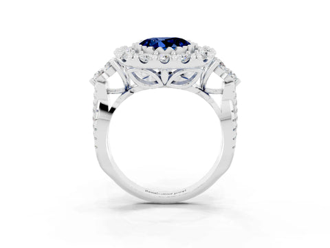 White gold Round Cut Blue Sapphire Halo Ring with Pavé Band and Four-Prong Setting_15