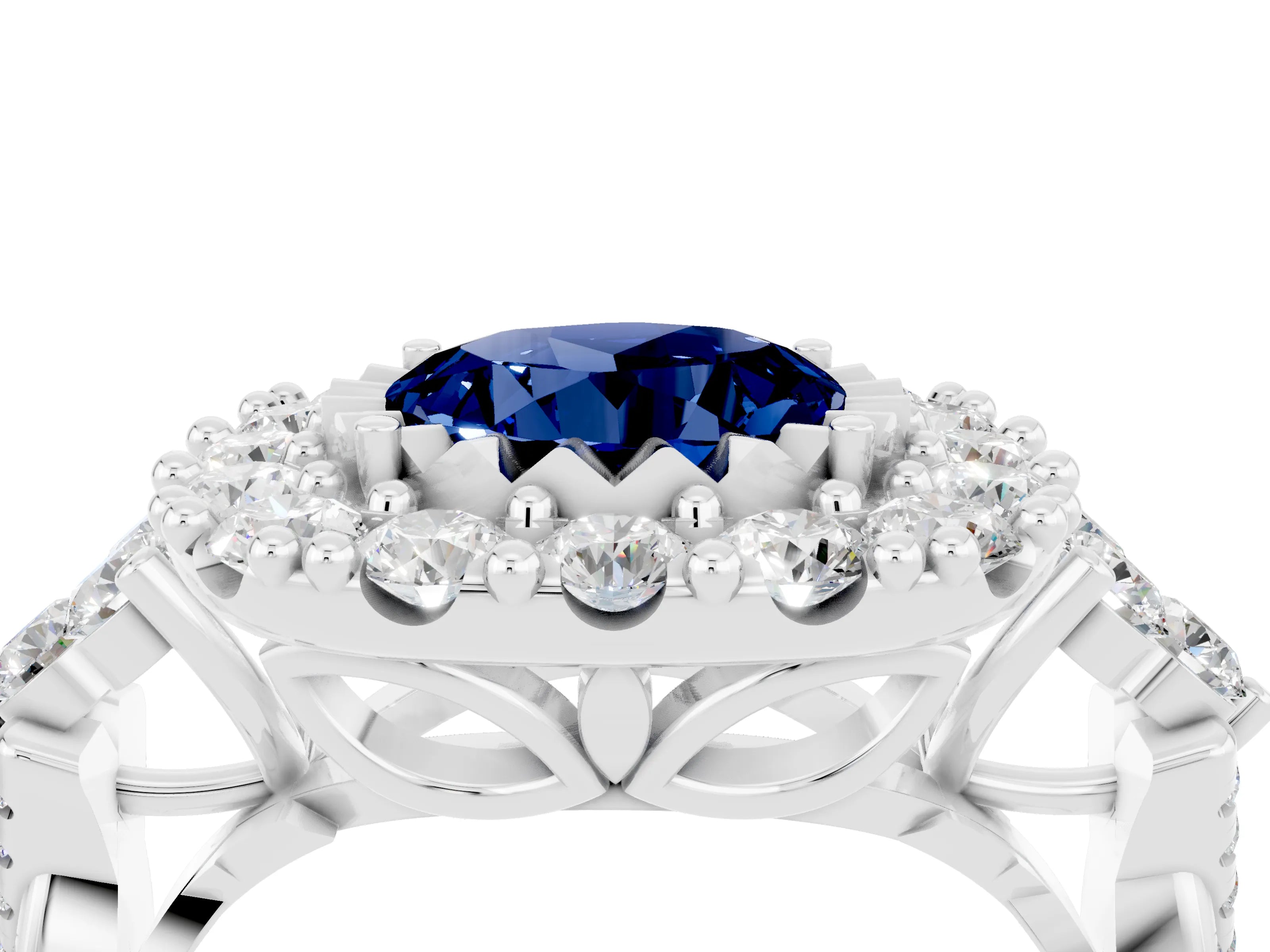 White gold Round Cut Blue Sapphire Halo Ring with Pavé Band and Four-Prong Setting_16