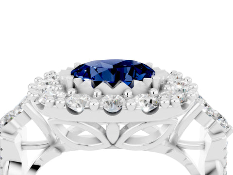White gold Round Cut Blue Sapphire Halo Ring with Pavé Band and Four-Prong Setting_16