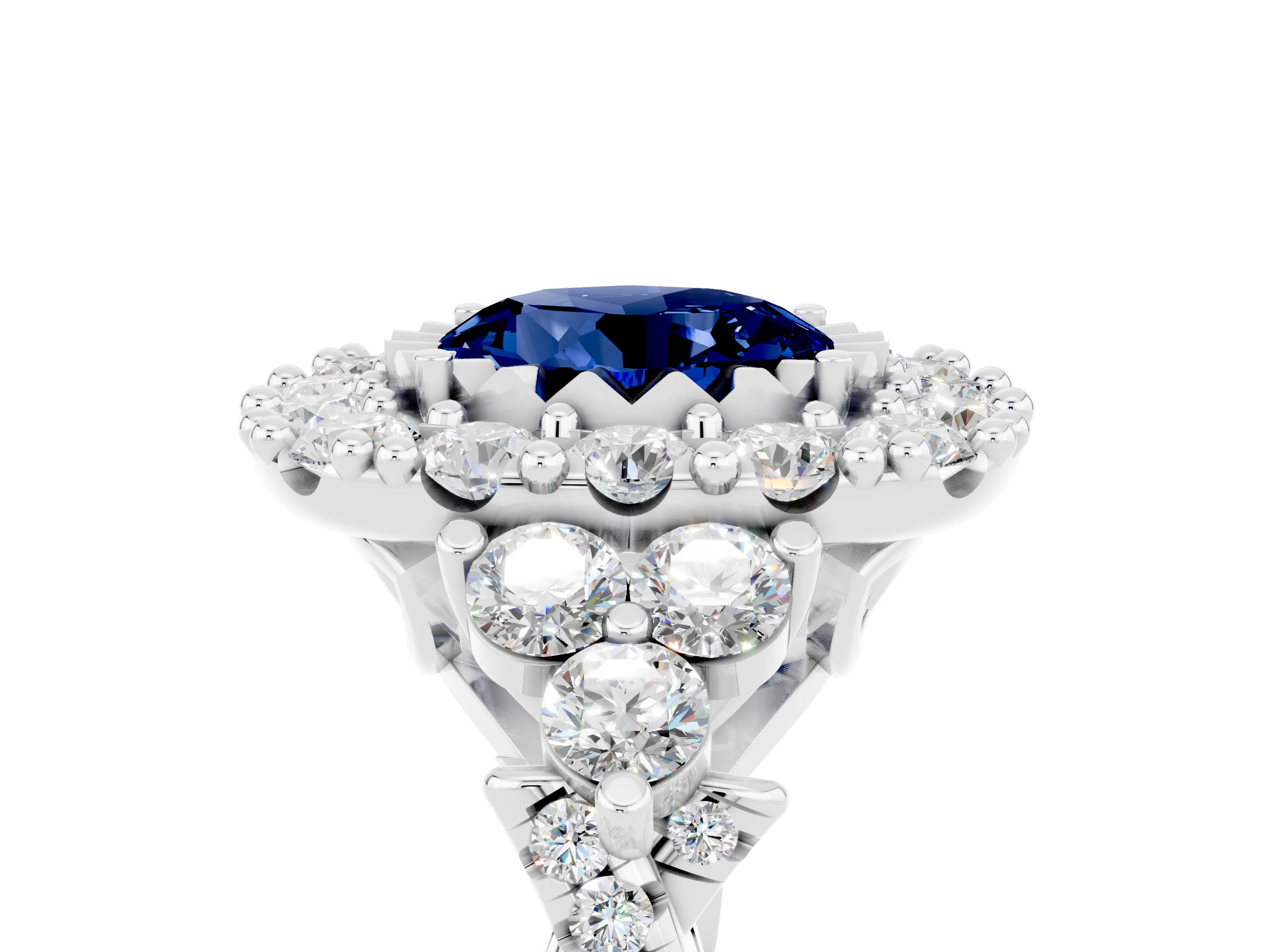 White gold Round Cut Blue Sapphire Halo Ring with Pavé Band and Four-Prong Setting_17