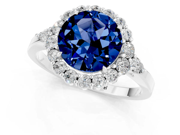 Platinum Round Cut Blue Sapphire Halo Ring with Pear Side Stones and Prong Setting