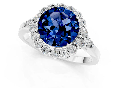 White gold Round Cut Blue Sapphire Halo Ring with Pear Side Stones and Prong Setting_25