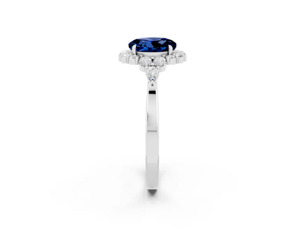 White gold Round Cut Blue Sapphire Halo Ring with Pear Side Stones and Prong Setting