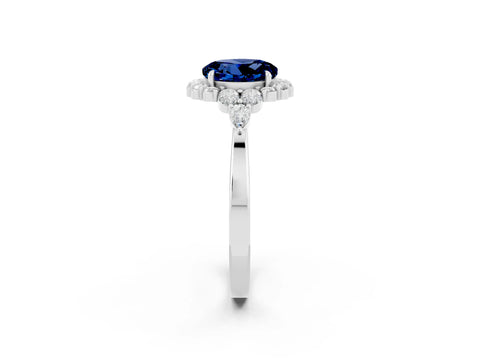 White gold Round Cut Blue Sapphire Halo Ring with Pear Side Stones and Prong Setting_26