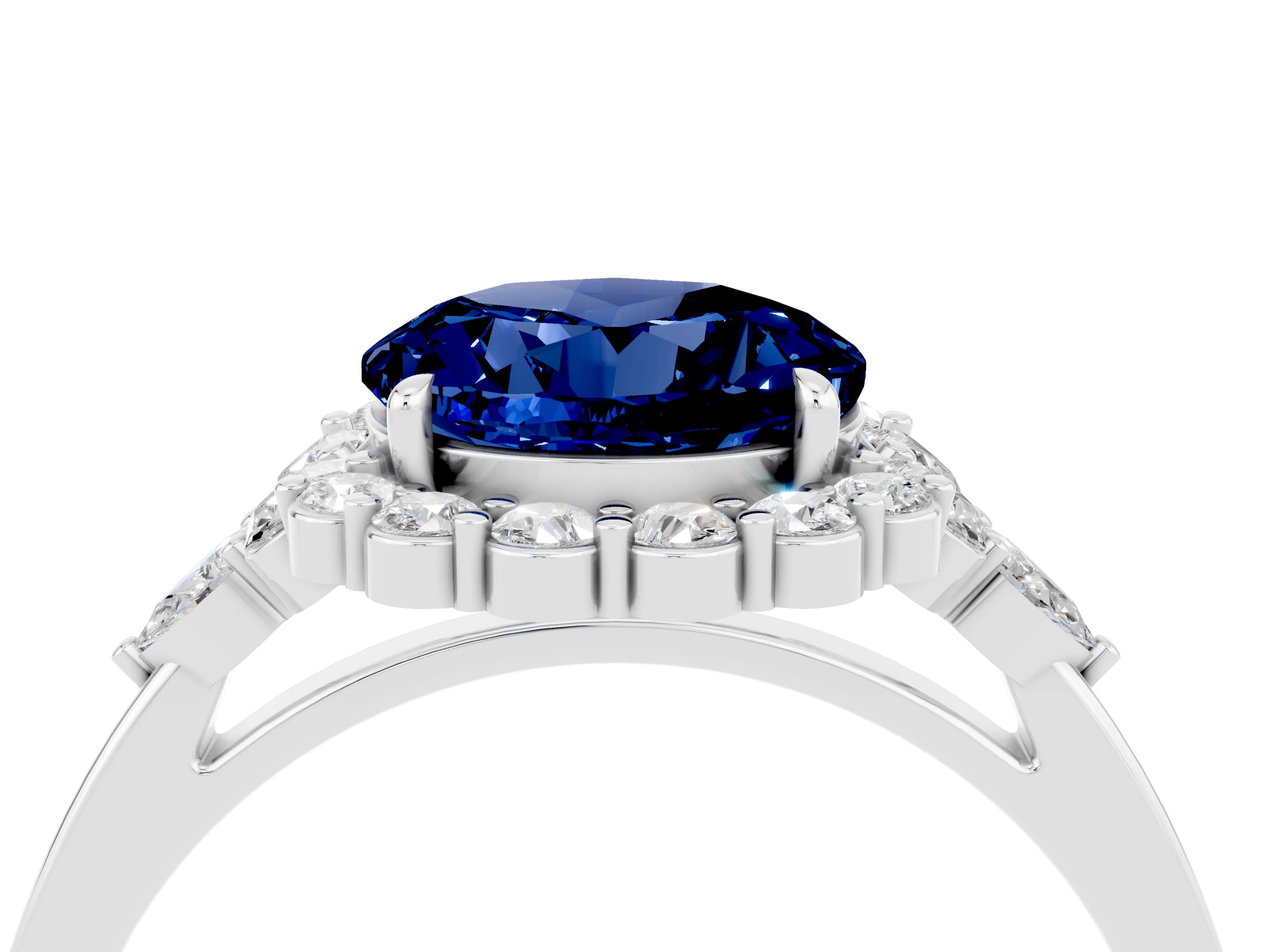 White gold Round Cut Blue Sapphire Halo Ring with Pear Side Stones and Prong Setting_28