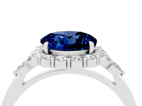 White gold Round Cut Blue Sapphire Halo Ring with Pear Side Stones and Prong Setting_28