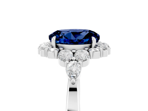 White gold Round Cut Blue Sapphire Halo Ring with Pear Side Stones and Prong Setting_29