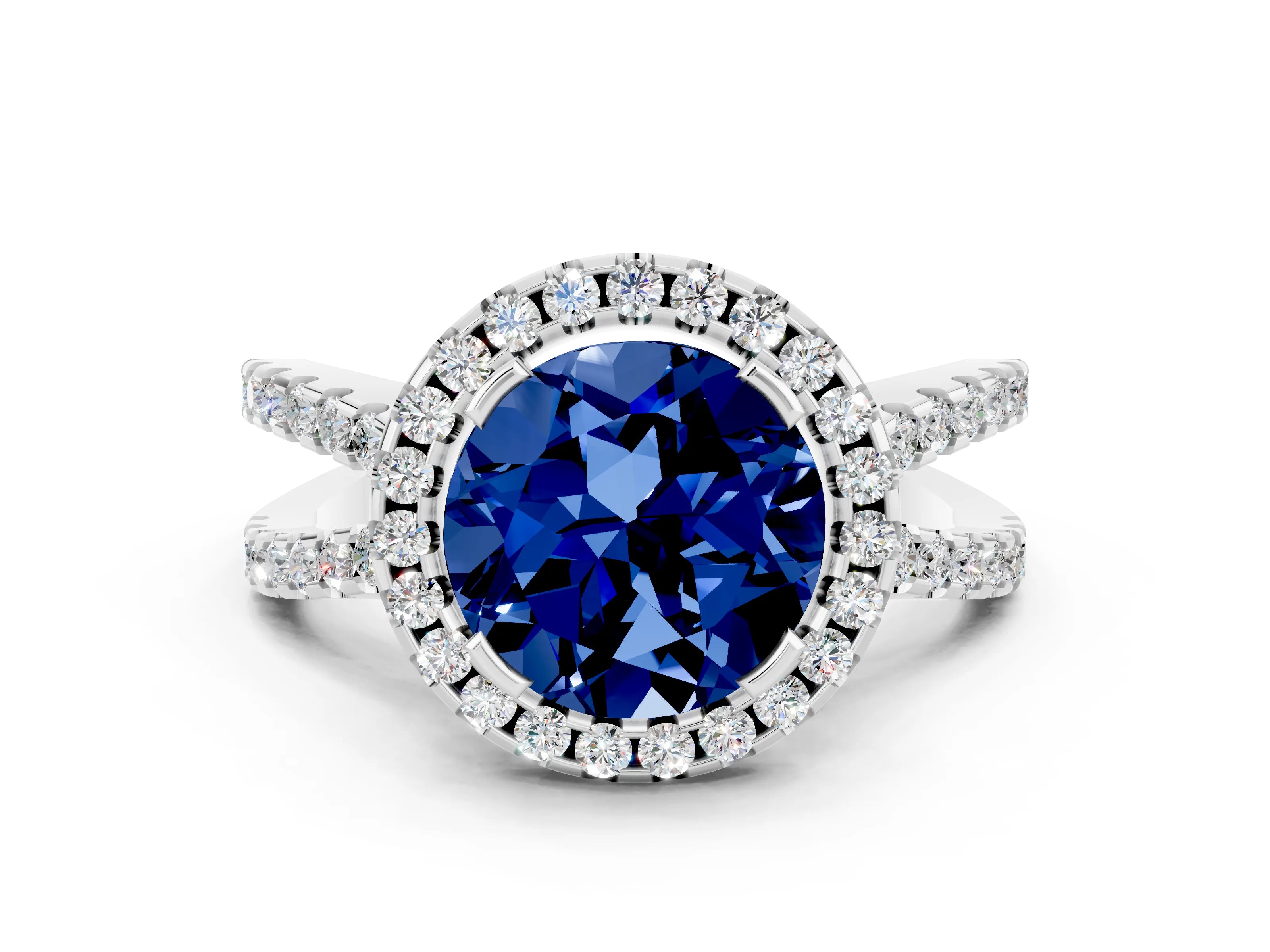 White gold Round Cut Blue Sapphire Halo Ring with Split Shank Pavé Band and Prong Setting