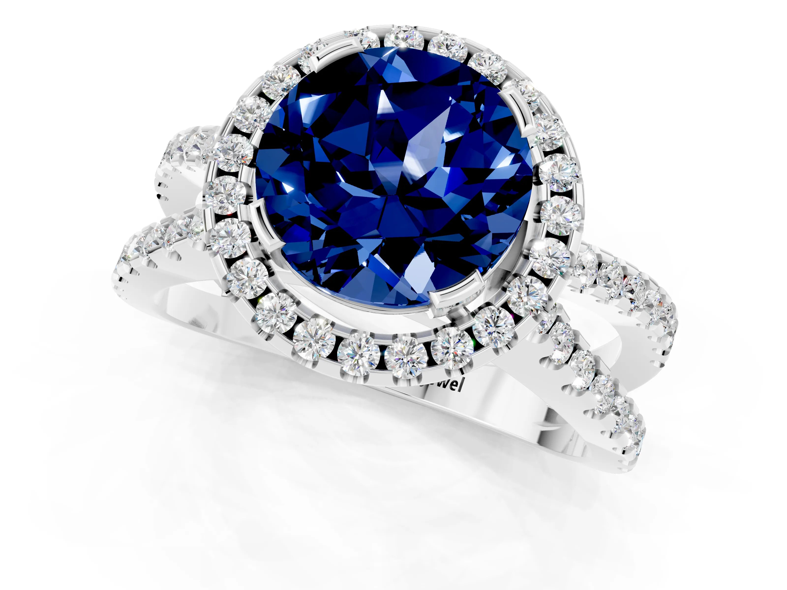 White gold Round Cut Blue Sapphire Halo Ring with Split Shank Pavé Band and Prong Setting_1