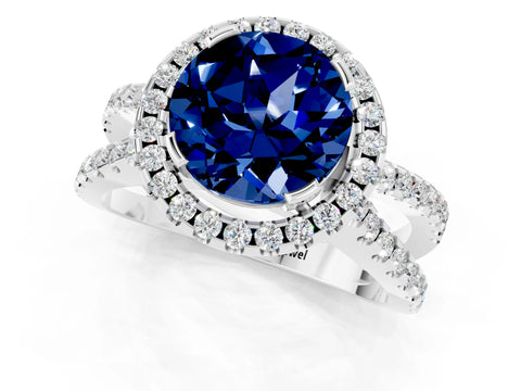 White gold Round Cut Blue Sapphire Halo Ring with Split Shank Pavé Band and Prong Setting_1