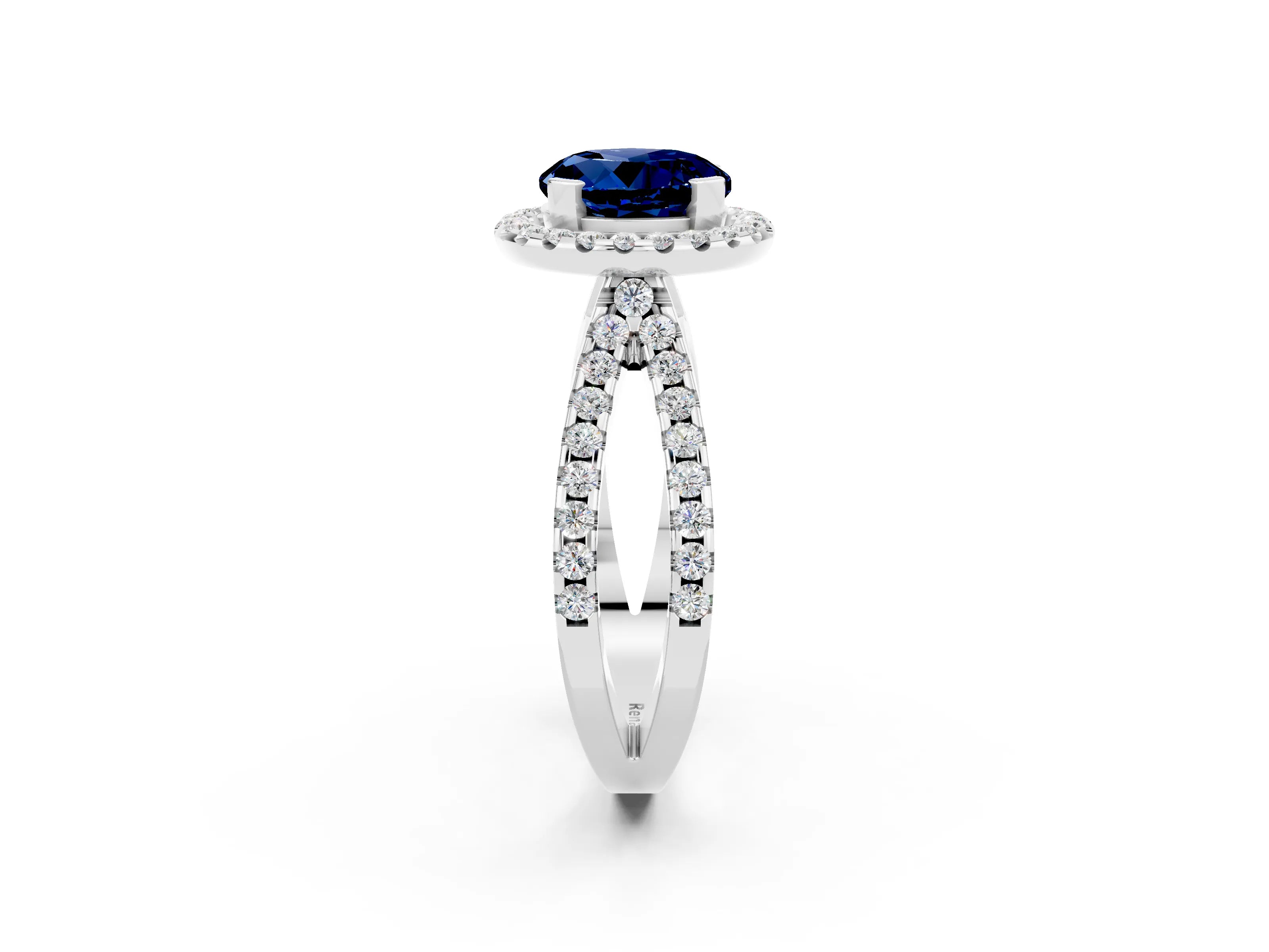 White gold Round Cut Blue Sapphire Halo Ring with Split Shank Pavé Band and Prong Setting_2