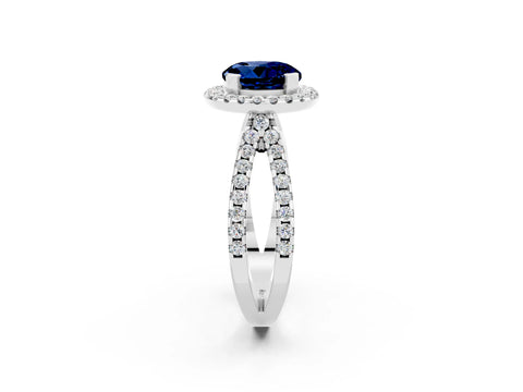 White gold Round Cut Blue Sapphire Halo Ring with Split Shank Pavé Band and Prong Setting_2