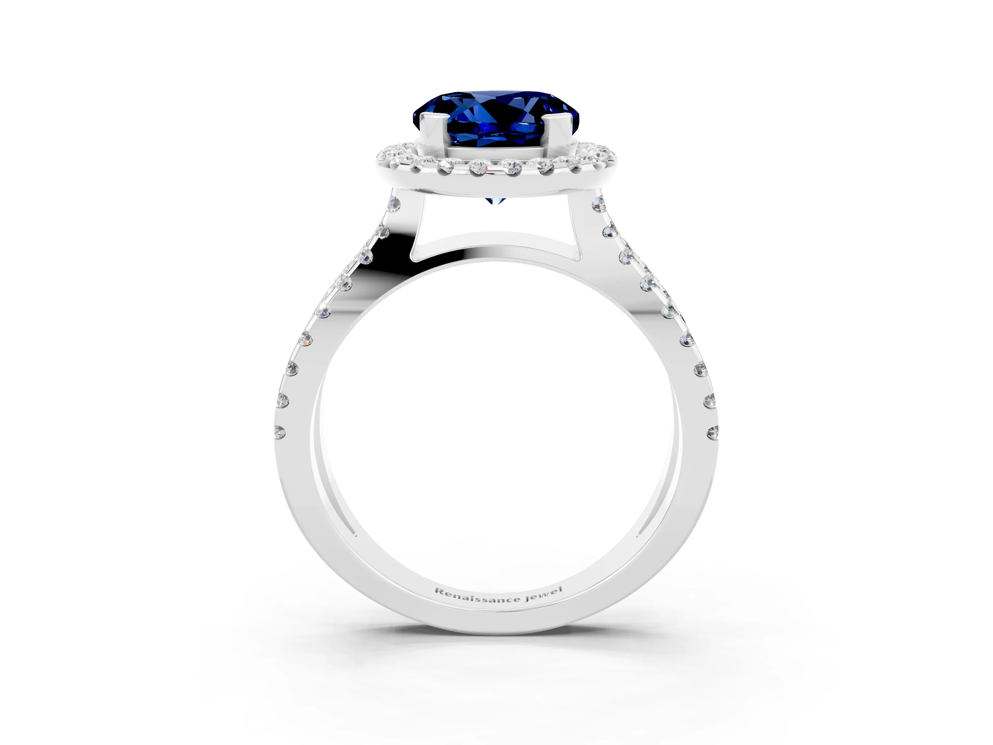 White gold Round Cut Blue Sapphire Halo Ring with Split Shank Pavé Band and Prong Setting_3