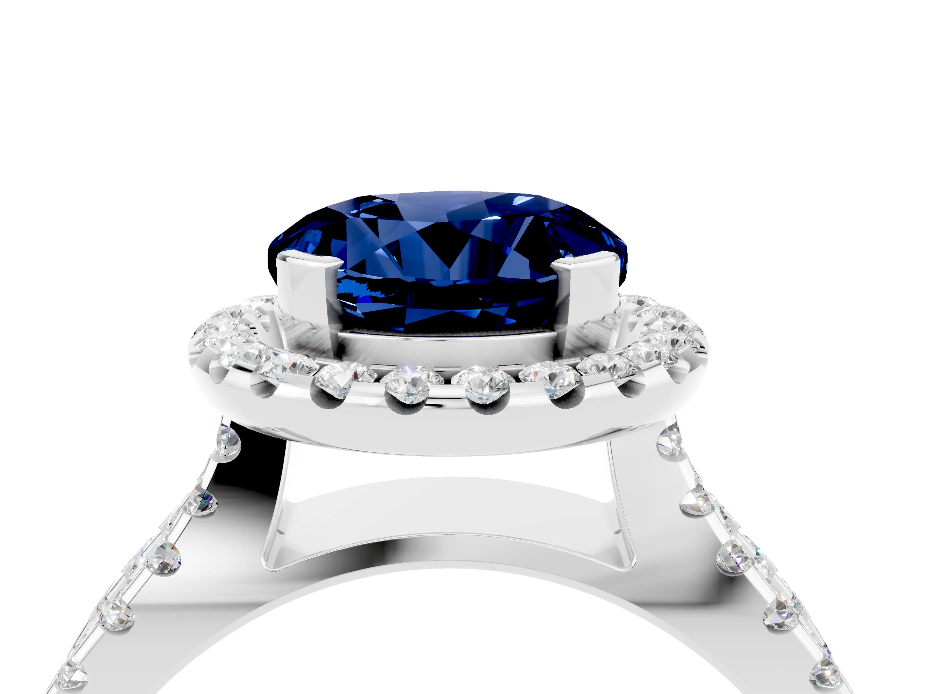White gold Round Cut Blue Sapphire Halo Ring with Split Shank Pavé Band and Prong Setting_4