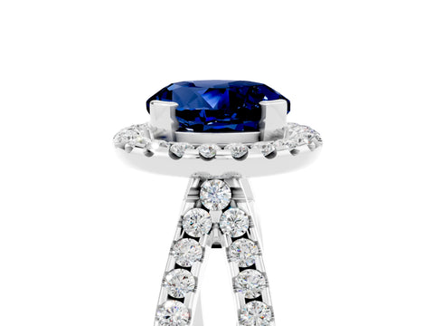 White gold Round Cut Blue Sapphire Halo Ring with Split Shank Pavé Band and Prong Setting_5