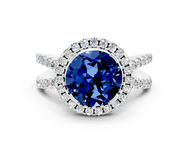 Silver Round Cut Blue Sapphire Halo Ring with Split Shank Pavé Band and Prong Setting